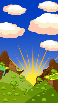 Landscape, mountains and canyon, rocks, meadows, plants. Evening time, sunset, sky with sun, clouds. Vector Illustration