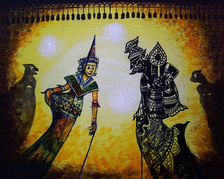 hand painted original impressionism masterpieces painter art painting acrylic color thai pattern , traditional southern region thailand , light and shadow puppets , nang talung