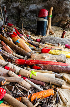 Stack of votive phalluses in Krabi, Thailand