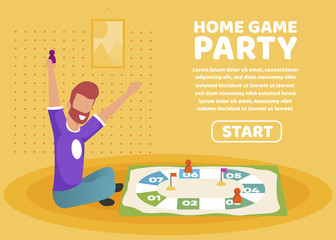 Advertising Poster Home Game Party Lettering. Strategic and Mental Home Entertainment. Flat Banner Bearded Man Sitting on Floor and Playing Strategic Board Game. Vector Illustration.