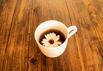 A cup of tea with daisy inside on the wooden background.