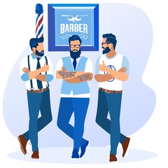 Group Tattooed Cool Young Bearded Hipster Men Wearing Trendy Clothes Stand with Crossed Arms in Barber Shop. Handsome Gentlemen Customers Posing in Male Beauty Salon. Cartoon Flat Vector Illustration