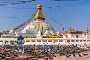 March 25, 2020. Kathmandu, Nepal. The Stupa Boudha closed on quarantine. Emptiness around. A large...