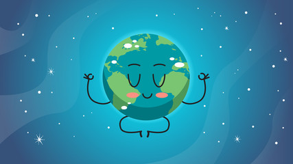 cute earth character sitting lotus pose cartoon mascot globe personage save planet meditation concept horizontal vector illustration