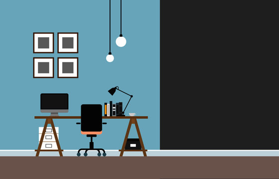 Work At Home,Empty Workplace, Desk Chair Computer Workspace Office And Home In Blue Room  No People  And  Spece For Text.vector Illustration. 