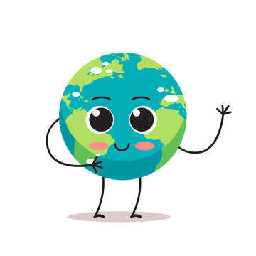 cute earth character waving hand cartoon mascot globe personage save planet concept isolated vector illustration