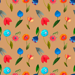 Fototapeta na wymiar watercolor flower pattern, tulips, red and blue flowers