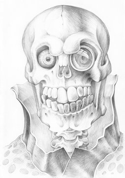 The image of a Reaper with a monocle and a Cape. A human skull drawn in graphite on paper. Graphics pencil portrait. Academic tonal drawing.