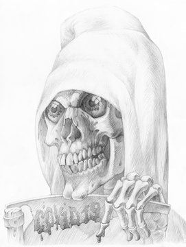Image of a Reaper with a hood and scythe with the inscription COVID-19. A human skull drawn in graphite on paper. Graphics pencil portrait. Academic tonal drawing.
