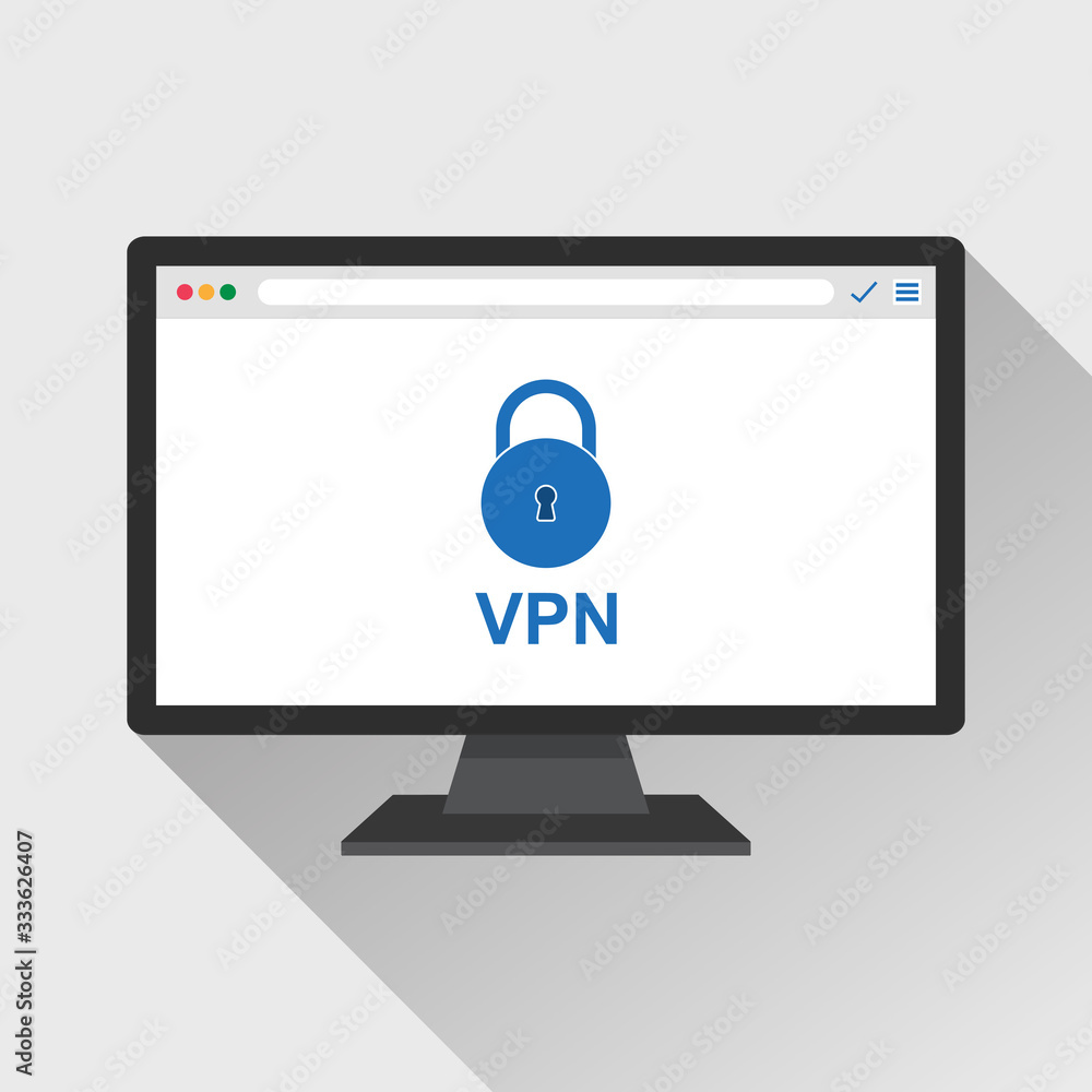 Poster vpn security lock on computer screen concept. internet protection for safe browsing and surfing onli