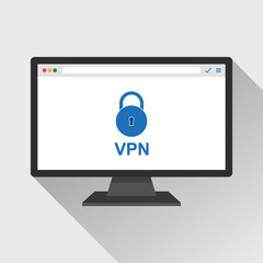 vpn security lock on computer screen concept. Internet protection for safe browsing and surfing online, vector template illustration
