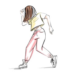 Fototapeta premium Girl dancing in pink trousers and yellow t-shirt is