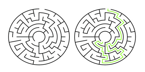 A circular 6-corridor-wide maze with solution