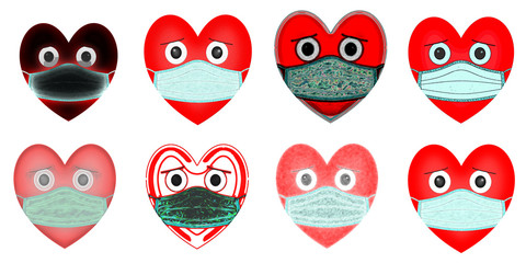beautiful illustration of a red heart in a medical mask, protection from viruses