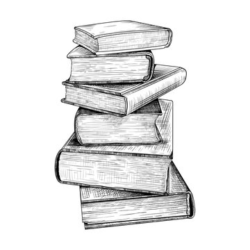 .Stack of books in a horizontal position..Hand-drawn vector drawing in vintage style. Sketch. Imitation of engraving.