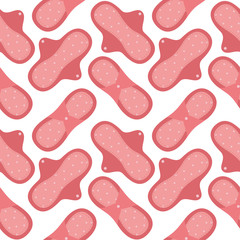 Seamless pattern with reusable menstrual cloth pads set. Feminine period hygiene product. Zero waste, plastic-free, period, menstruation concepts. Sustainable lifestyle. Flat. Vector illustration.