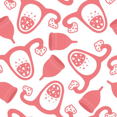 Seamless pattern with vagina, menstrual cup and hearts. Feminine period hygiene product. Period, menstruation concepts. Uterus with ovaries in the shape of hearts. Flat. Vector stock illustration.