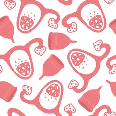 Foto op Plexiglas Seamless pattern with vagina, menstrual cup and hearts. Feminine period hygiene product. Period, menstruation concepts. Uterus with ovaries in the shape of hearts. Flat. Vector stock illustration. © AnyaCher