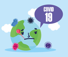 Obraz na płótnie Canvas covid 19 coronavirus pandemic, sick world with thermometer cartoon