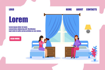 Cartoon People in Room with Twin Bed Vector Illustration. Book Hotel Appartment Service. Bedroom Interior. Motel Suite Hostel Room Reservation. Vacation Travel Trip. Internet Online Order
