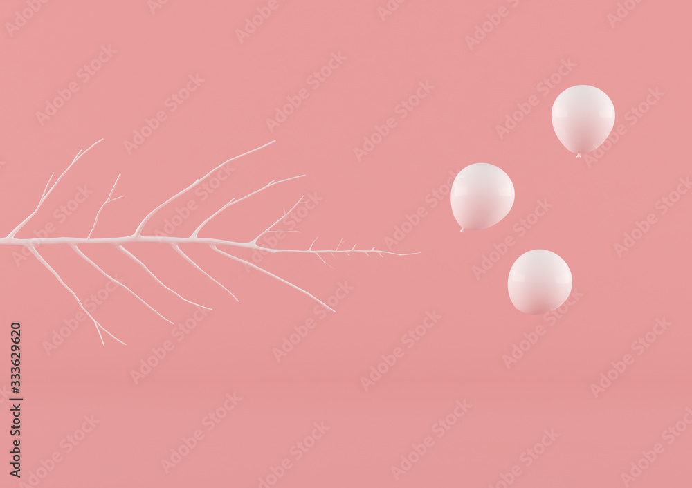 Poster abstract of minimal composition concept, branch and white balloons on pink background. 3d rendering.