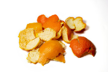 Food waste tangerine on a white background. Isolate. Close up. Waste for recycling. Responsible disposal of household food wastage in an environmentally friendly way by recycling.