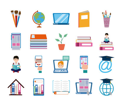 home education school learn supplies icons set flat style icon