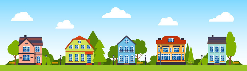Street with houses, green trees, bush, clouds, lantern flat cartoon panoramic horizontal banner. Urban small town landscape. City outdoor. Suburban village neighborhood. Cityscape Vector illustration