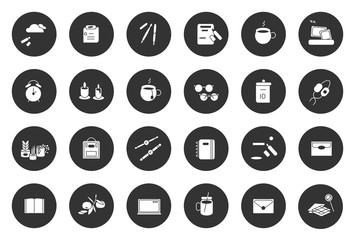 Modern white icon set for bullet journal design, planner, scheduler. Silhouette study learning time, gadget stationary sign. Button popular hobby simple symbol. Isolated on white vector illustration