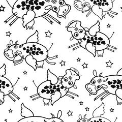 Hand drawn cute cartoon vector seamless pattern illustration black and white happy angel cow and stars on the white background for baby textile, clothes, linen, wallpaper texture or home decoration 