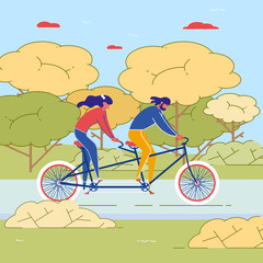Cartoon Couple Ride Tandem Bike in Park Vector Illustration. Man and Woman on Double Twin Bicycle. Eco Transport. Healthy Leisure, Sport Training, Outdoor Activity. Summer Travel Trip