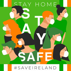 Set of men and women wearing medical mask preventing air pollution and virus with national flag :  Stay home, stay safe poster layout : Vector Illustration