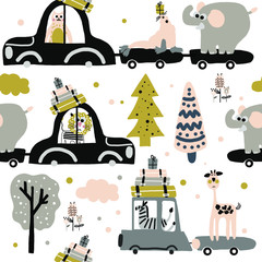 Hand drawn vector cute cartoon seamless pattern illustration animal in the car on the white background