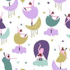 Hand drawn vector cute cartoon pastel color seamless pattern illustration ballerina on the moon and cloud on white background for baby textile, cloth, linen, wallpaper texture