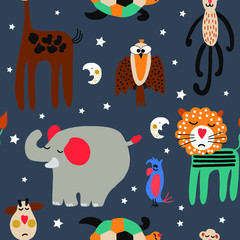 Hand drawn vector cute cartoon seamless pattern illustration sleeping animals on the dark background