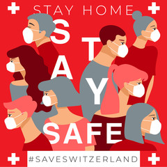 Set of men and women wearing medical mask preventing air pollution and virus with national flag :  Stay home, stay safe poster layout : Vector Illustration