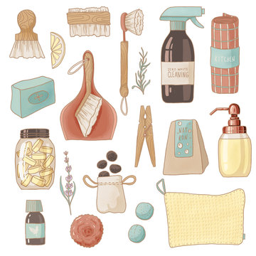 Zero waste digital illustrations. Clipart set with zero waste cleaning and laundry concept. Isolated on white background. 