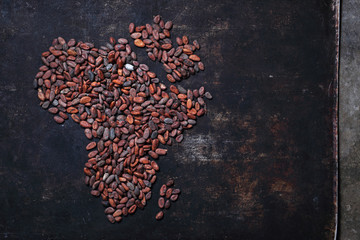 Africa with cocoa beans. Background from cocoa beans on a dark background.