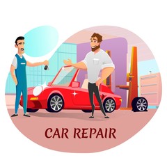 Car Repair Service Advertising Poster. Happy Master and Satisfied Client. Technician or Mechanic in Uniform Giving Cheerful Man Keys from Repaired Automobile Cartoon. Vector Flat Illustration