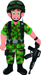 Handsome Soldier Man in Green uniform With Black Machine Gun Cartoon
