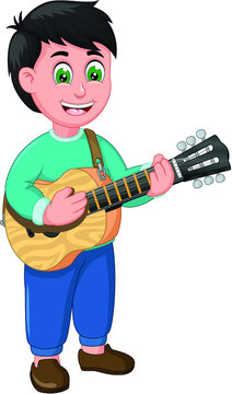 Handsome Guitarist Boy Playing Acoustic Guitar Cartoon