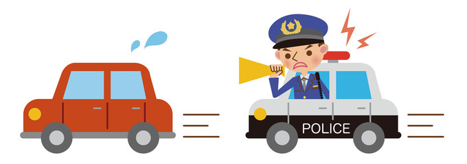 違反車両を追いかけるパトカーと警察官 © 8suke