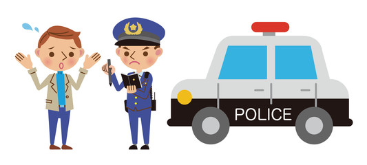 聞き取り・事情聴取・職務質問をする男性警察官（パトカーあり） © 8suke