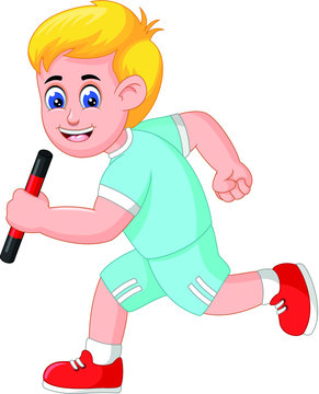 Cool Estafet Stick Runner Boy in Blue Uniform Cartoon