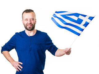 Man with greek waving flag, on white