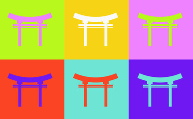 Pop art style Torii gate. Traditional japanese floating torii gate vector pattern on multiple and repeated colorful psychedelic background.