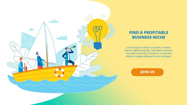 Informative Banner Find Profitable Business Niche. Poster Demographic Audience Data. Flyer Expedition on Water, Men Float in Boat in Direction Light Bulb Cartoon. Vector Illustration.