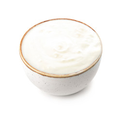 Bowl with tasty yogurt on white background