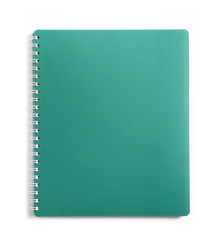 Notebook on white background, top view