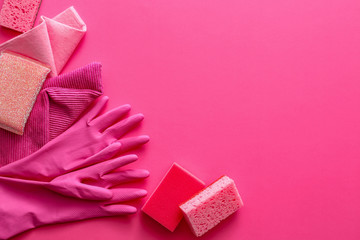 Set of cleaning supplies on color background